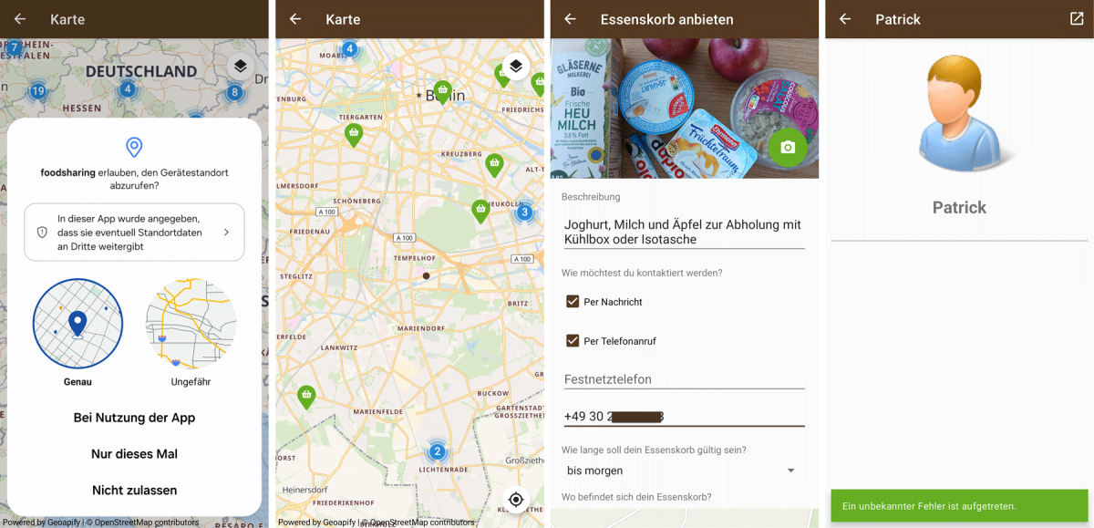 Beispielhafte Screenshots der App "foodsharing" von foodsharing e.V.