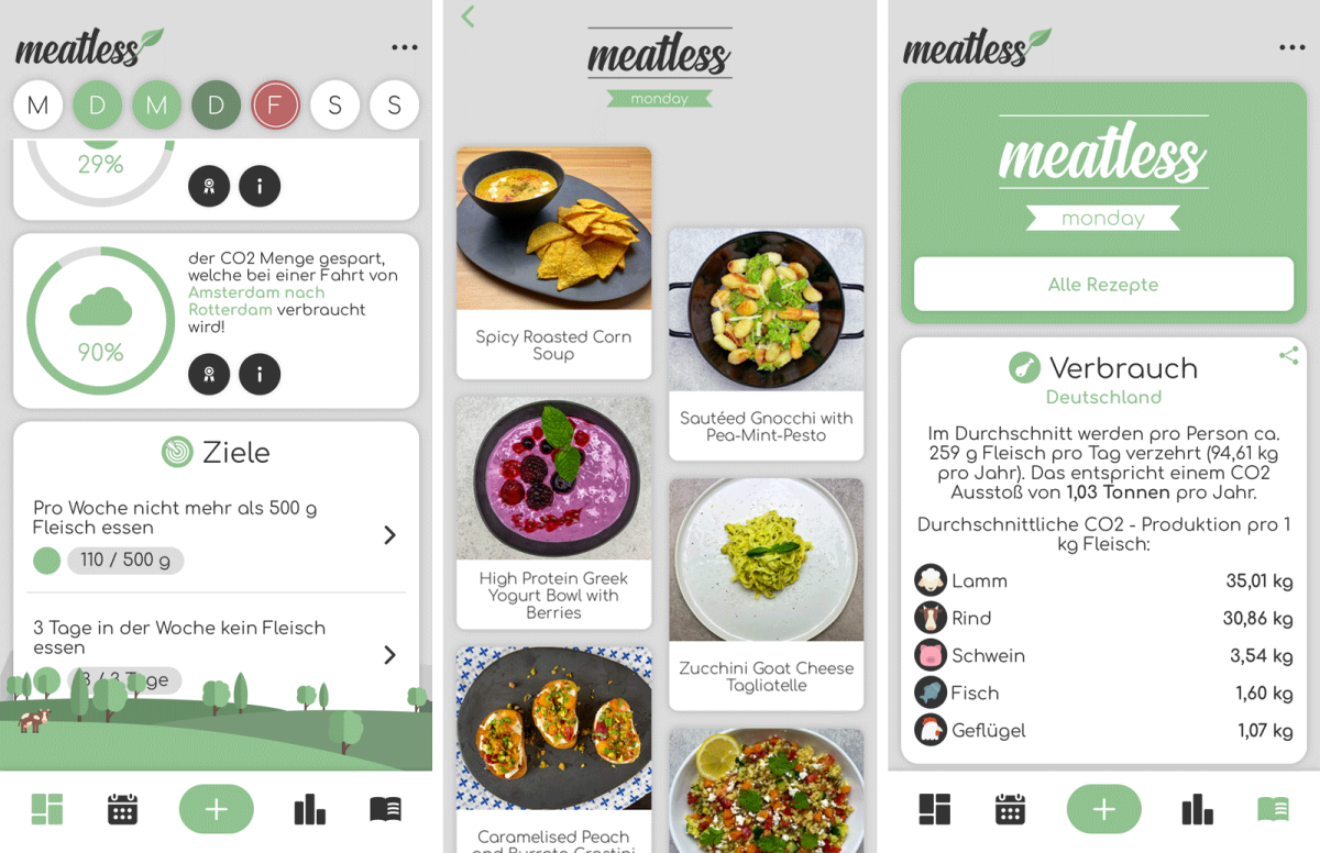Screenshots der App "meatless - Ernährungstagebuch"