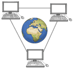 Grafik: Drei PCs die miteinander vernetzt sind, in der Mitte eine Weltkugel als Symbol der globalen Vernetzung